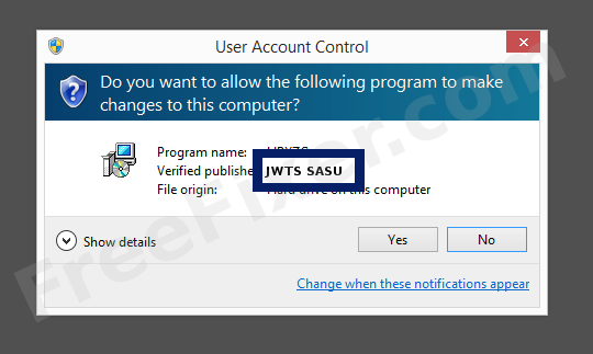 Screenshot where JWTS SASU appears as the verified publisher in the UAC dialog